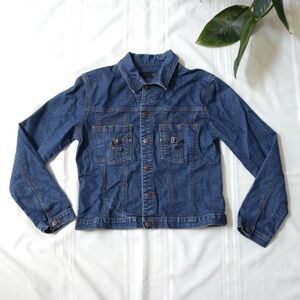 Dark wash denim jacket with belt buckle pocket detail